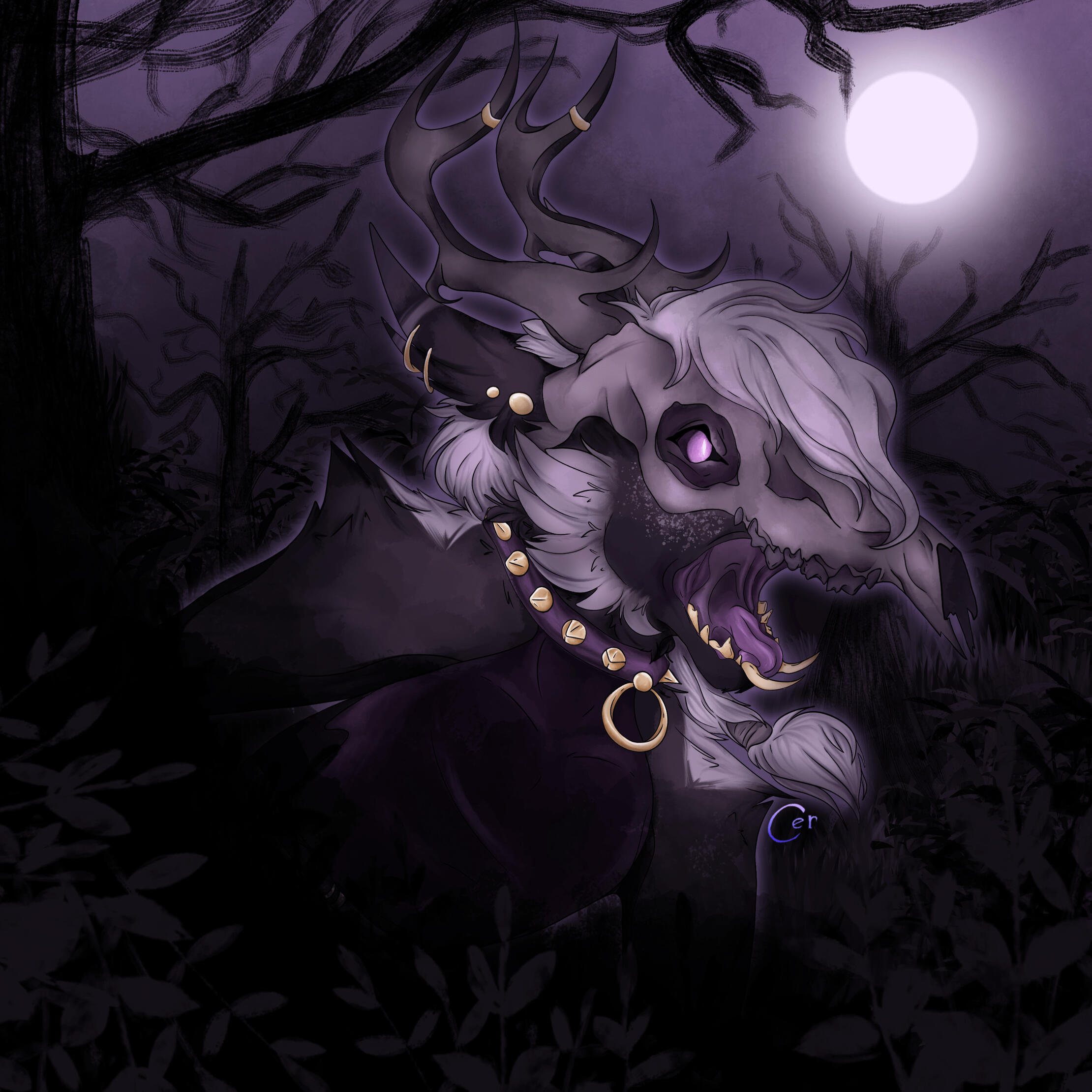 bust illustration of a lynx character wearing a deer skull on a dark forested background