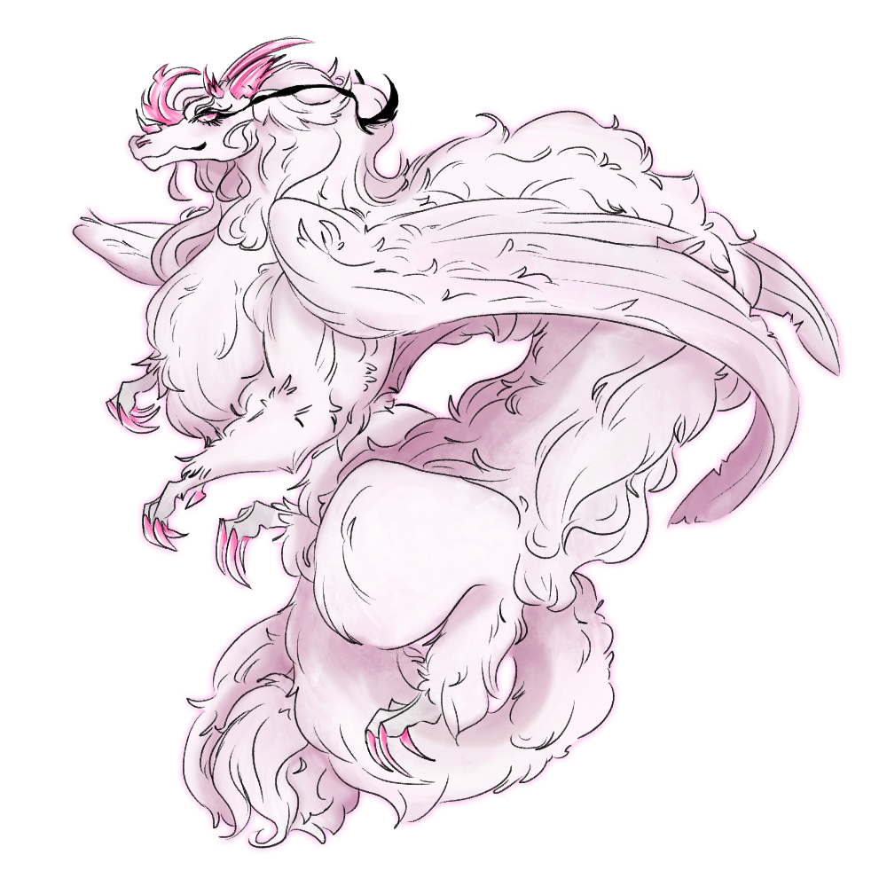fullbody illustration of a pink, feathered, serpentine character